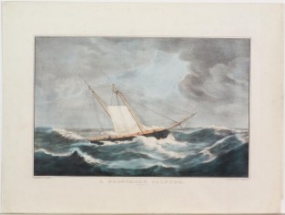 Small ship sailing to left in image in stormy seas
