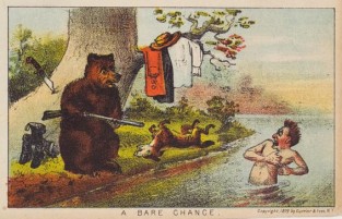 Man bare chested standing in river frightened by bear on riverbank aiming rifle at man