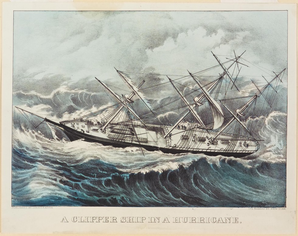 Clipper ship sailing left in image