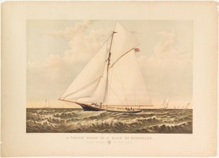 Ship with two wide sails sailing to left in image