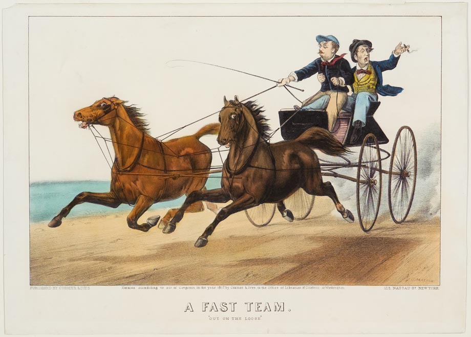 Two men in wagon being led by team of two horses
