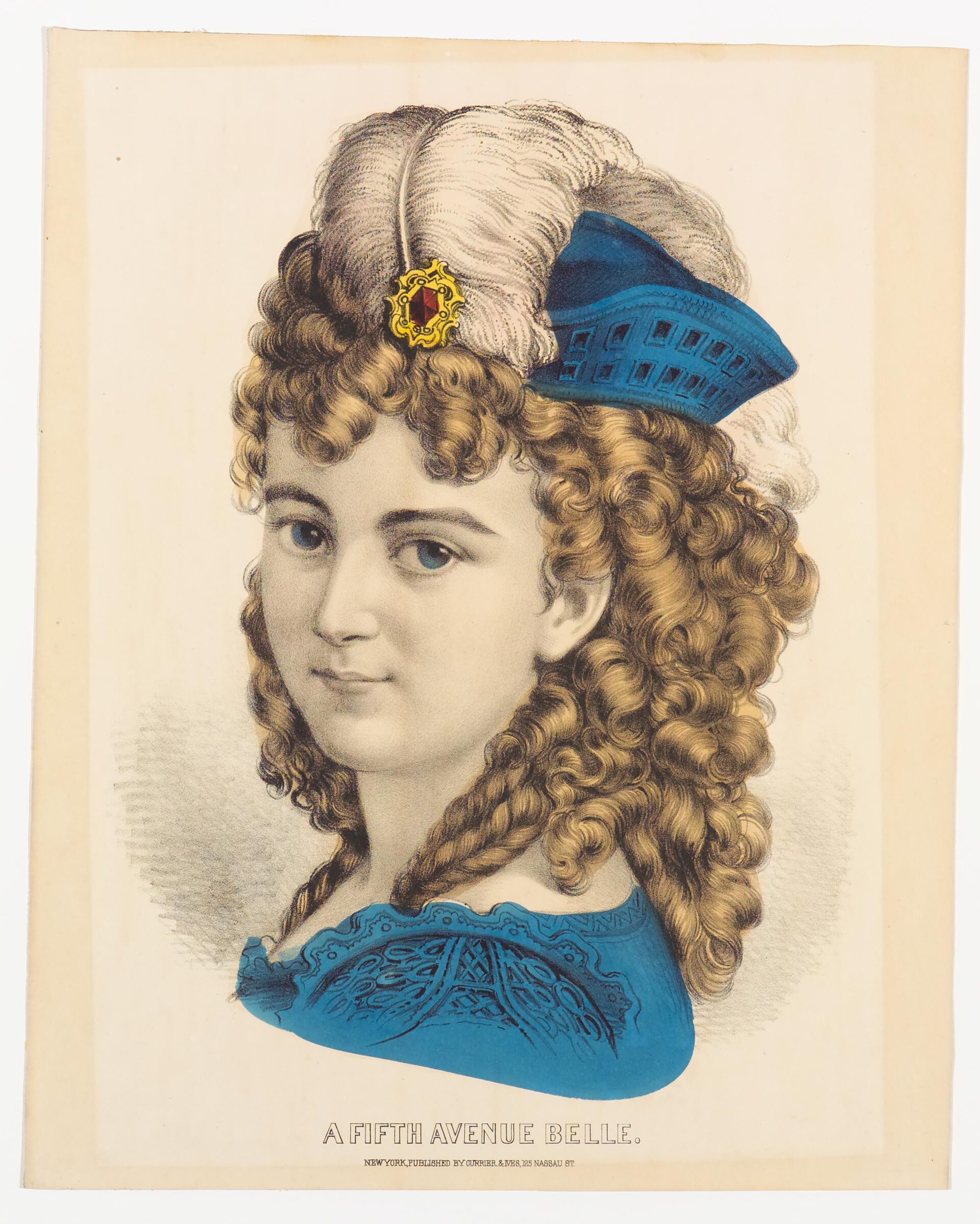 Shoulder view of woman in blue hat with white plume and blue dress