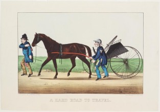 Man Leading Horse And Buggy With Broken Wheels To Left In Image