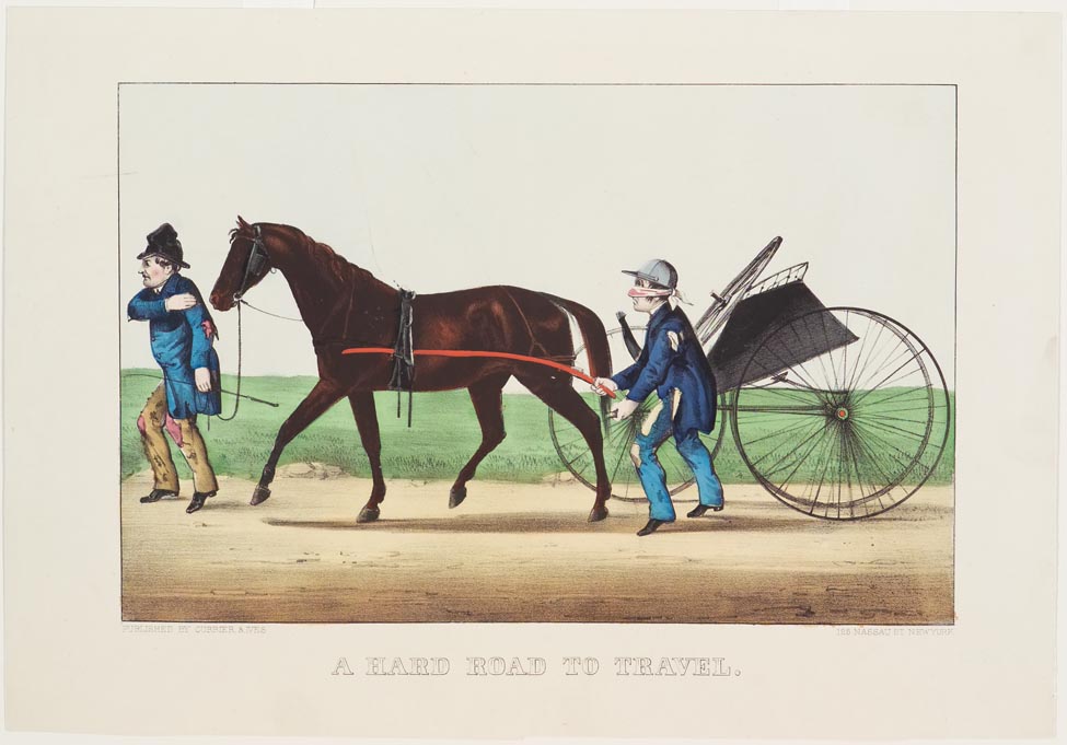 Man leading horse and buggy with broken wheels to left in image