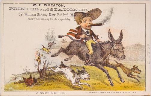 Man smoking cigar riding donkey surrounded by dogs running alongside