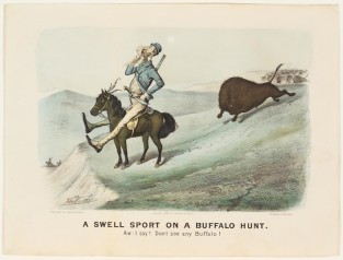 Man astride horse looking down into valley at left in image; buffalo stampeding him from behind at right