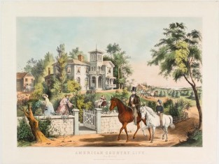 Older And Younger Man On Horseback Riding Down Lane In Front Of House With Gate Open To Yard And Two Women And A Girl In Yard Gardening