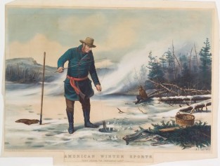 Man at forefront pulling trout out of hole in ice