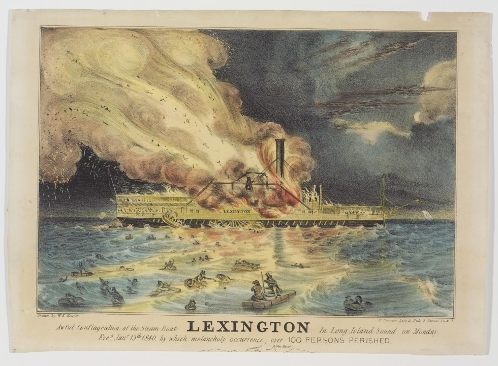 Steamship "Lexington" aflame in center of in image