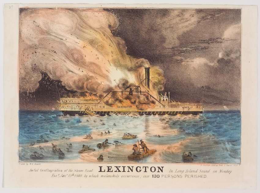 LEXINGTON in center engulfed in flames; people jumping ship into water - others in water on tops of rafts or clinging to debris