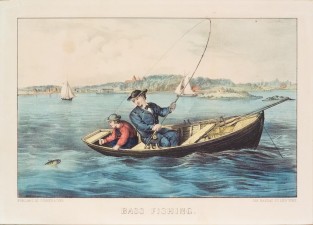 Row boat at center with boy sitting in it on left and man next to him pulling fishing line out of water with fish in tow