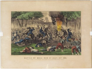 Battle scene - flames in right background through which rider and horse race
