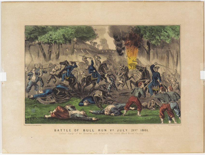 Battle scene - flames in right background through which rider and horse race