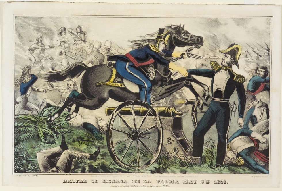 Officer in center atop black horse holding arm of another officer