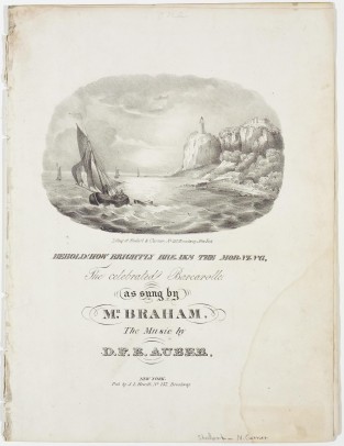 Sheet Music - Oval Scene Upper Center Of Sail Boat In Left Area Pulling Row Boat; Other Sailboats Behind; Cliff A Lighthouse To Right