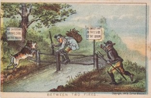 Man With Backpack And Rifle Crossing Over Fence Over Brook To Side Where There Is A Barking Dog And Another Man Carrying Pitchfork And Approaching From Right