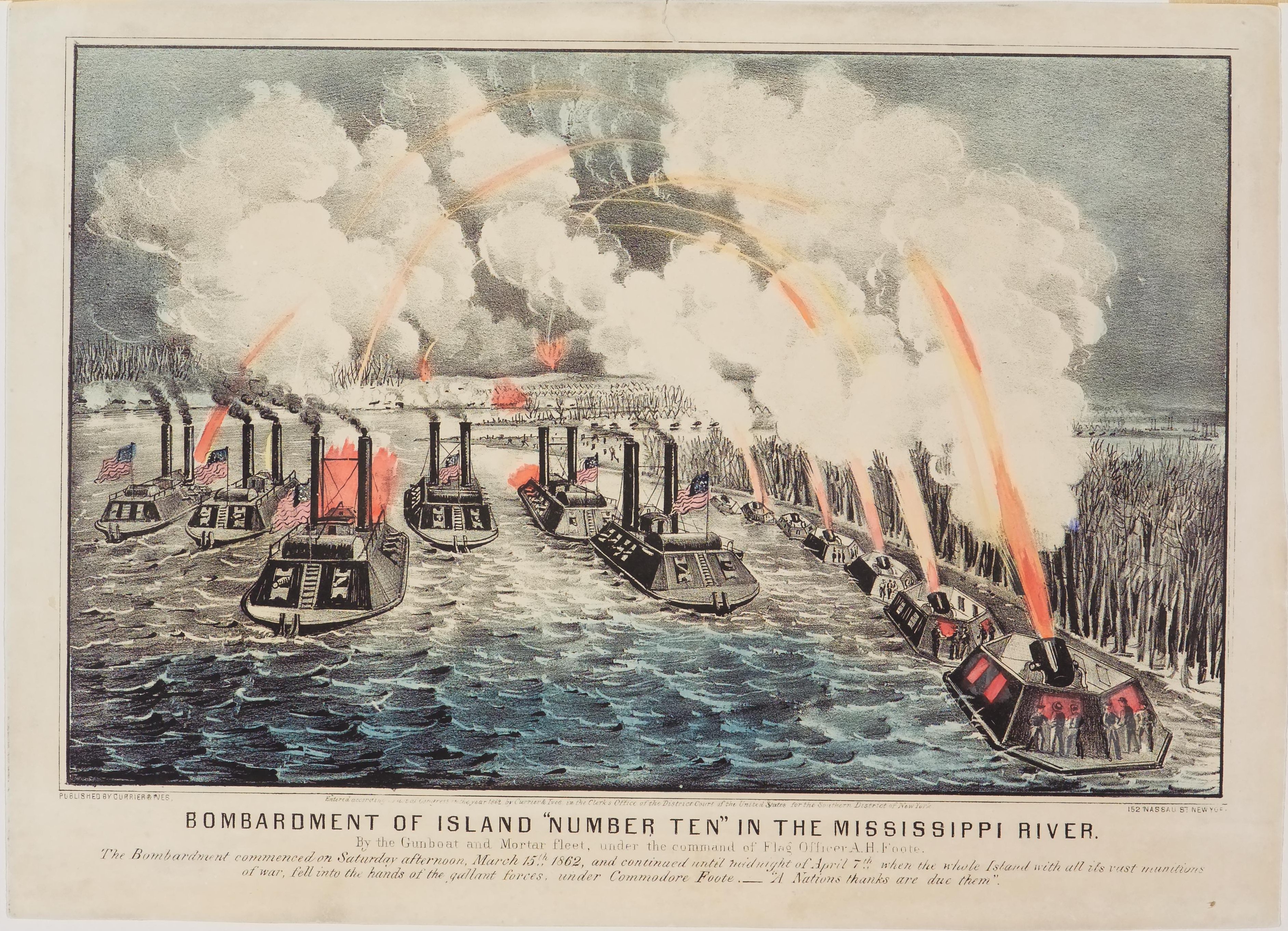 Daytime battle scene - seven large gun boats from left to right in foreground