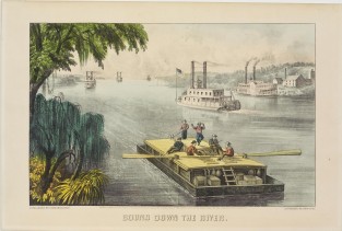 Flat boat front center with six men on top