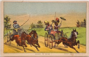 Trade Card:Rider And Duo Horse Team Riding At Left And Couple In Buckboard Riding At Right