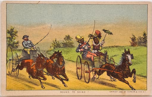 Trade Card:Rider and duo horse team riding at left and couple in buckboard riding at right