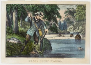 Fisherman preparing to pull fish on line up and out of river
