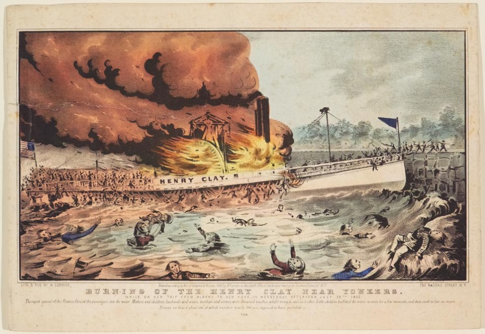 HENRY CLAY sailing to the left and ablaze