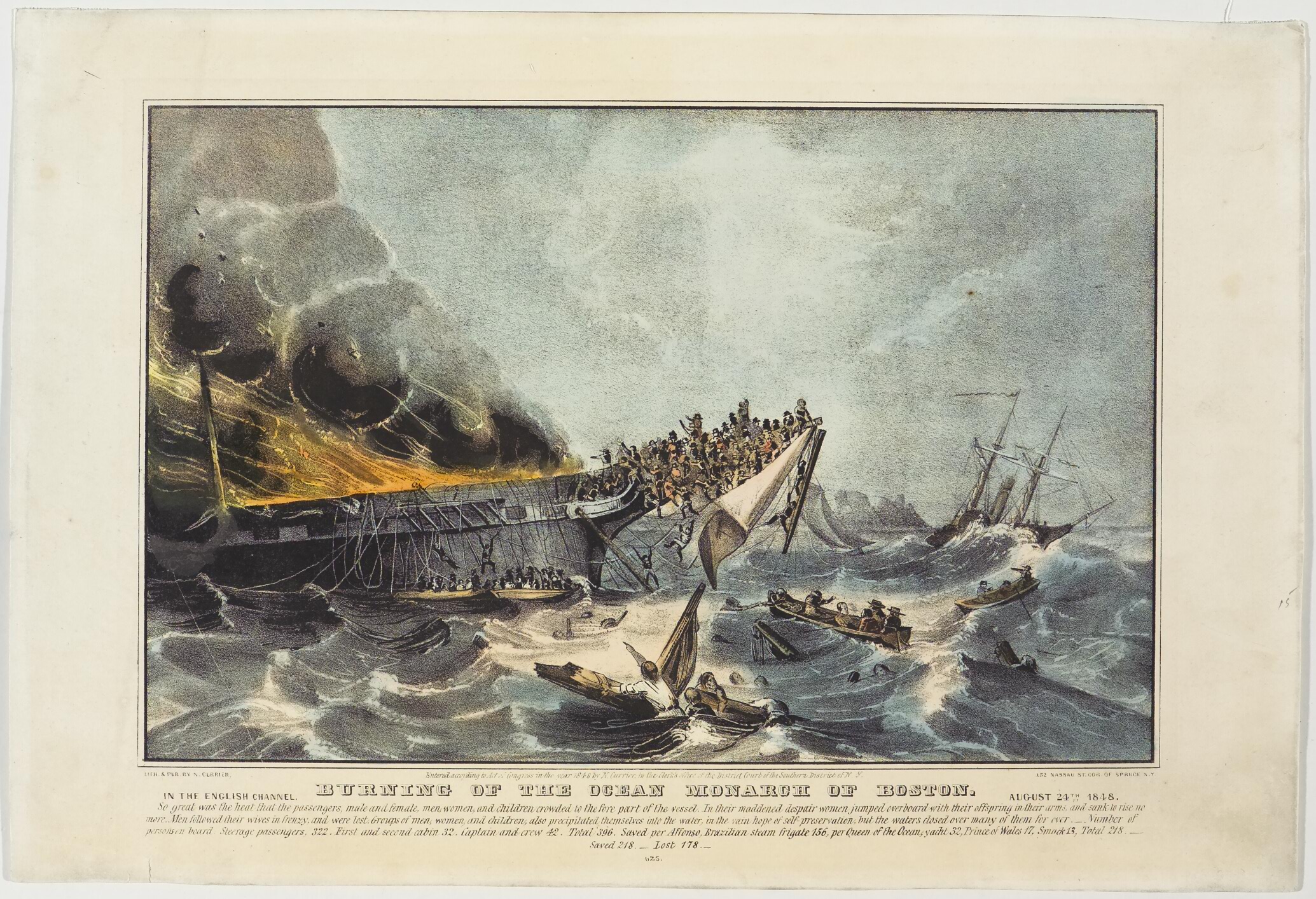 Ship on left in image aflame; passengers jumping off and hanging off bow