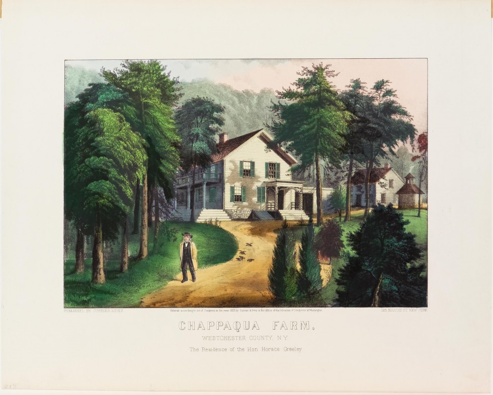 Two storey house in center with green shutters and second floor porch