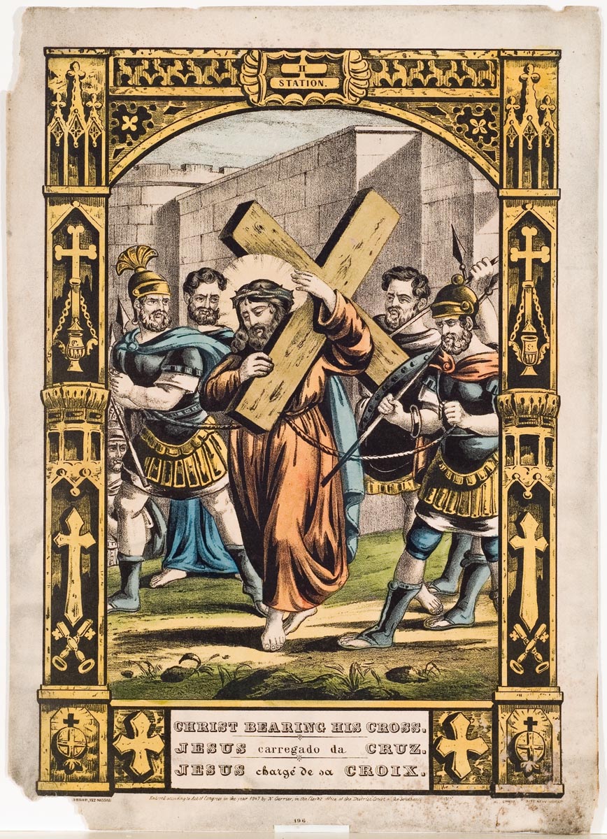 Christ in rust colored robe walking at center with cross over his proper left shoulder