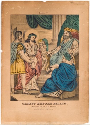 Christ with hands tied and between two guards standing before seated Pontius Pilate