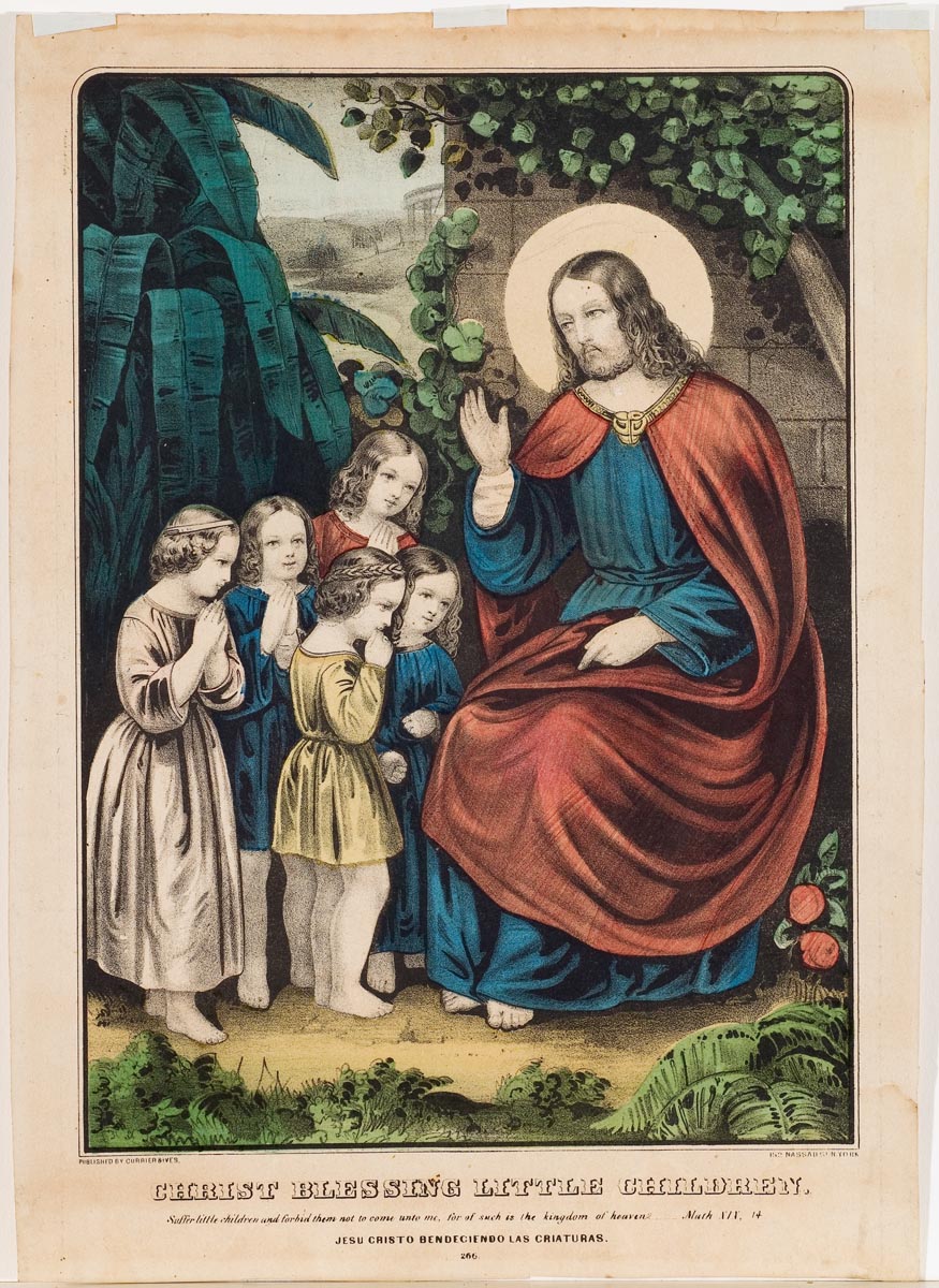 Christ seated by wall in a garden surrounded by five children