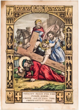 Christ In Red Robe Fallen Under Weight Of Cross Carried On His Shoulder