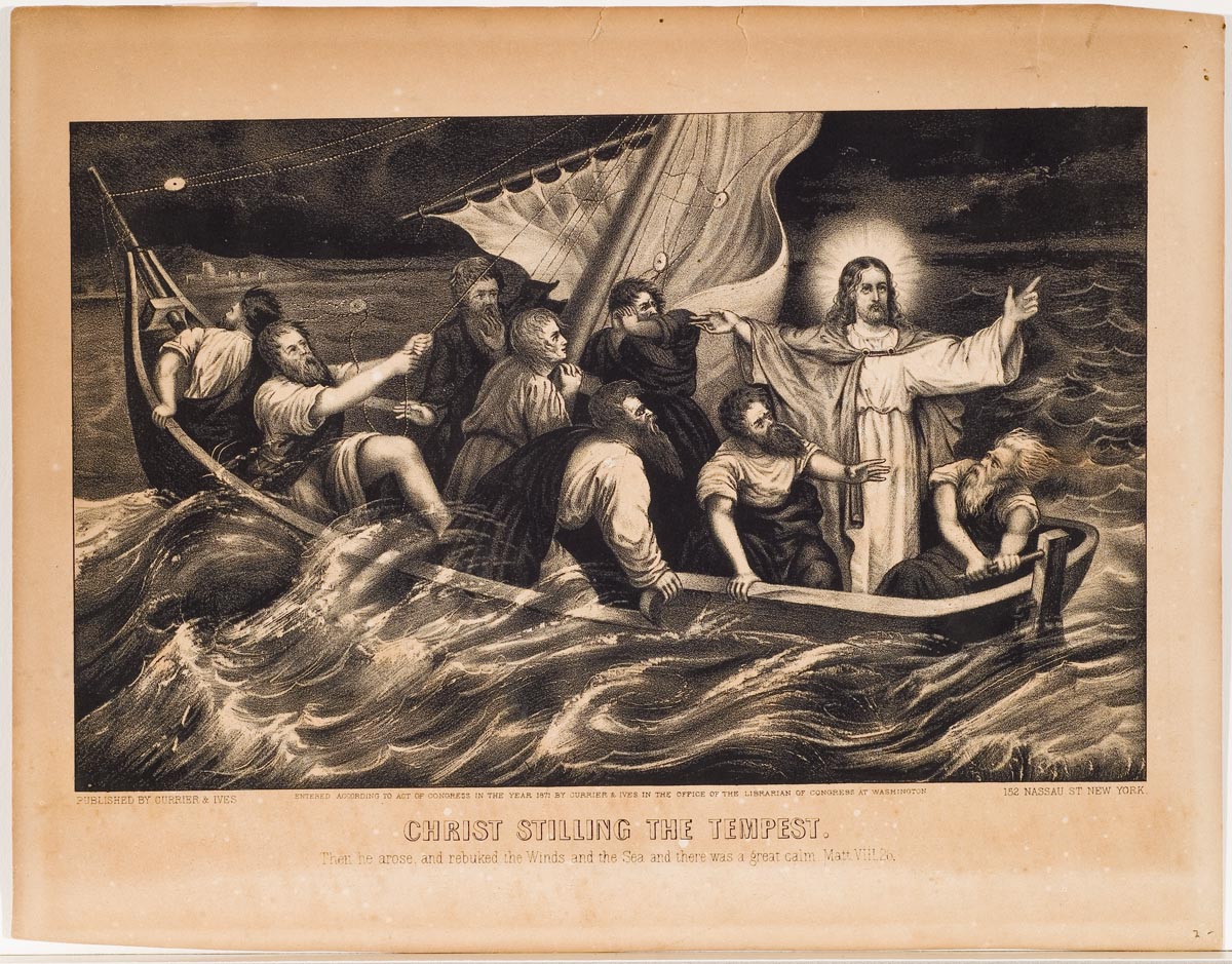 Christ with upraised arms stands in sail boat accompanied by 8 men