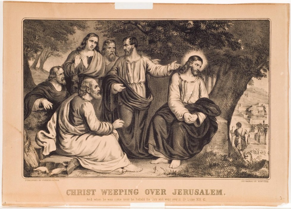 Christ seated at base of tree at right in image looking off to his left