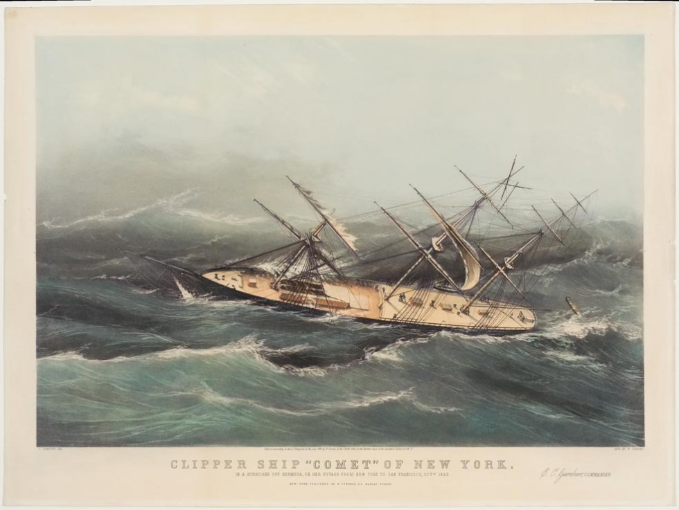 Clipper ship on stormy sea looking like it is ready to capsize onto its left and into the sea