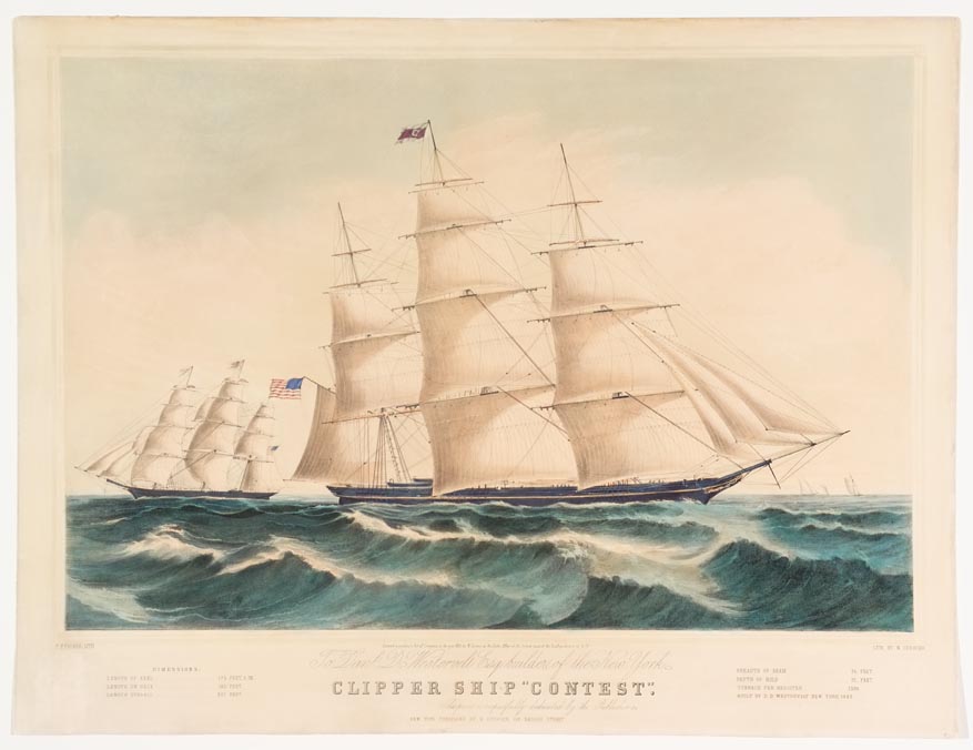 Clipper ship sailing to right in image flying American flag off left end of ship