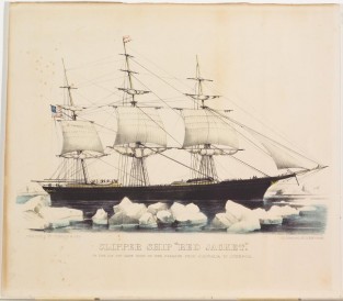 Clipper Ship At Center Behind Small Icebergs Floating At Front