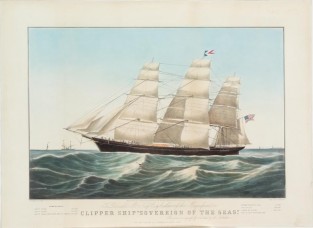 Clipper ship sailing to left in image