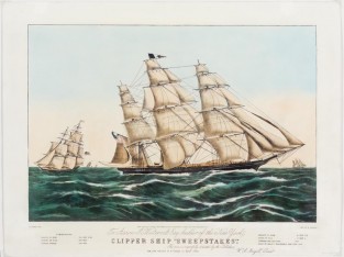 Clipper Ship At Center Sailing To Right In Image Flying Flag Off Left End Ship