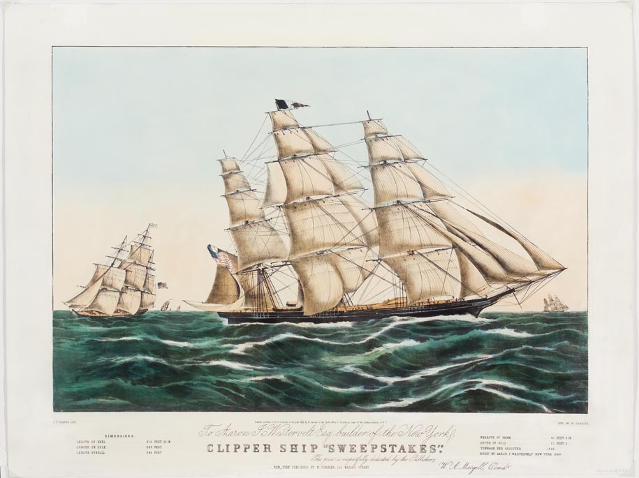 Clipper ship at center sailing to right in image flying flag off left end ship