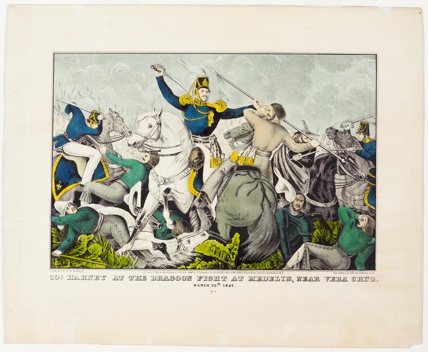 Battle scene with Colonel at center on white horse both facing forward with his sword in his proper right raised arm