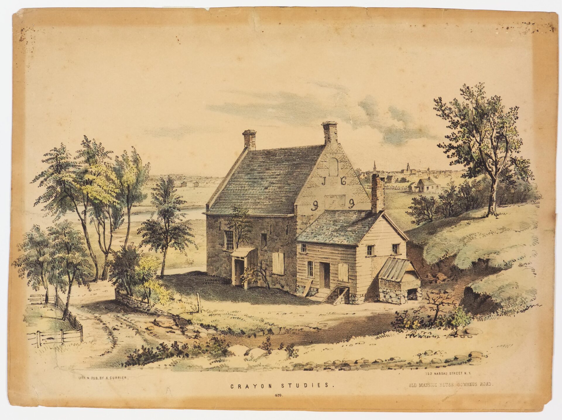 Stone house in center with 1699 written on west gable end of house