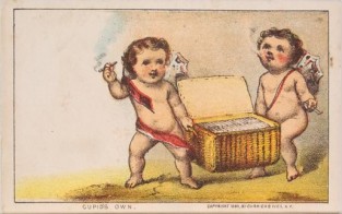 Two Cupids Smoking Cigars And Carrying Lidded Basket Of Cigars