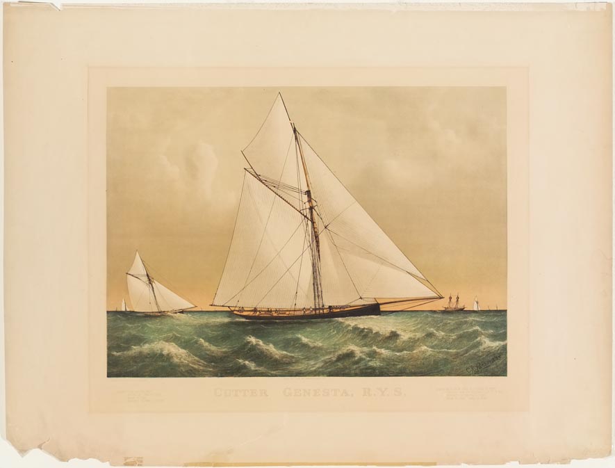 Ship in forefront sailing to right; nine persons visible on deck