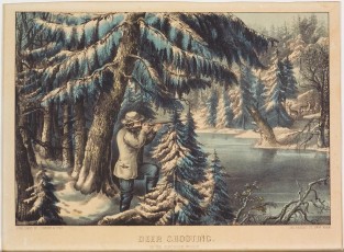 Hunter to left of center aiming rifle at deer across river