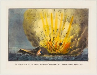 Sinking ship in flames at center