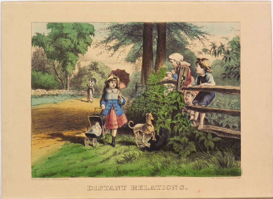 Pastoral scene - children along fence at right watching girl with dog and doll in carriage walk by