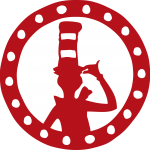 Red, circular medallion with the Cat in the Hat from Dr. Seuss' books at the center.