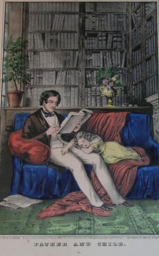 Interior Of A Study With Father Reading A Book Sitting On A Couch And Daughter Fast Asleep In His Lap