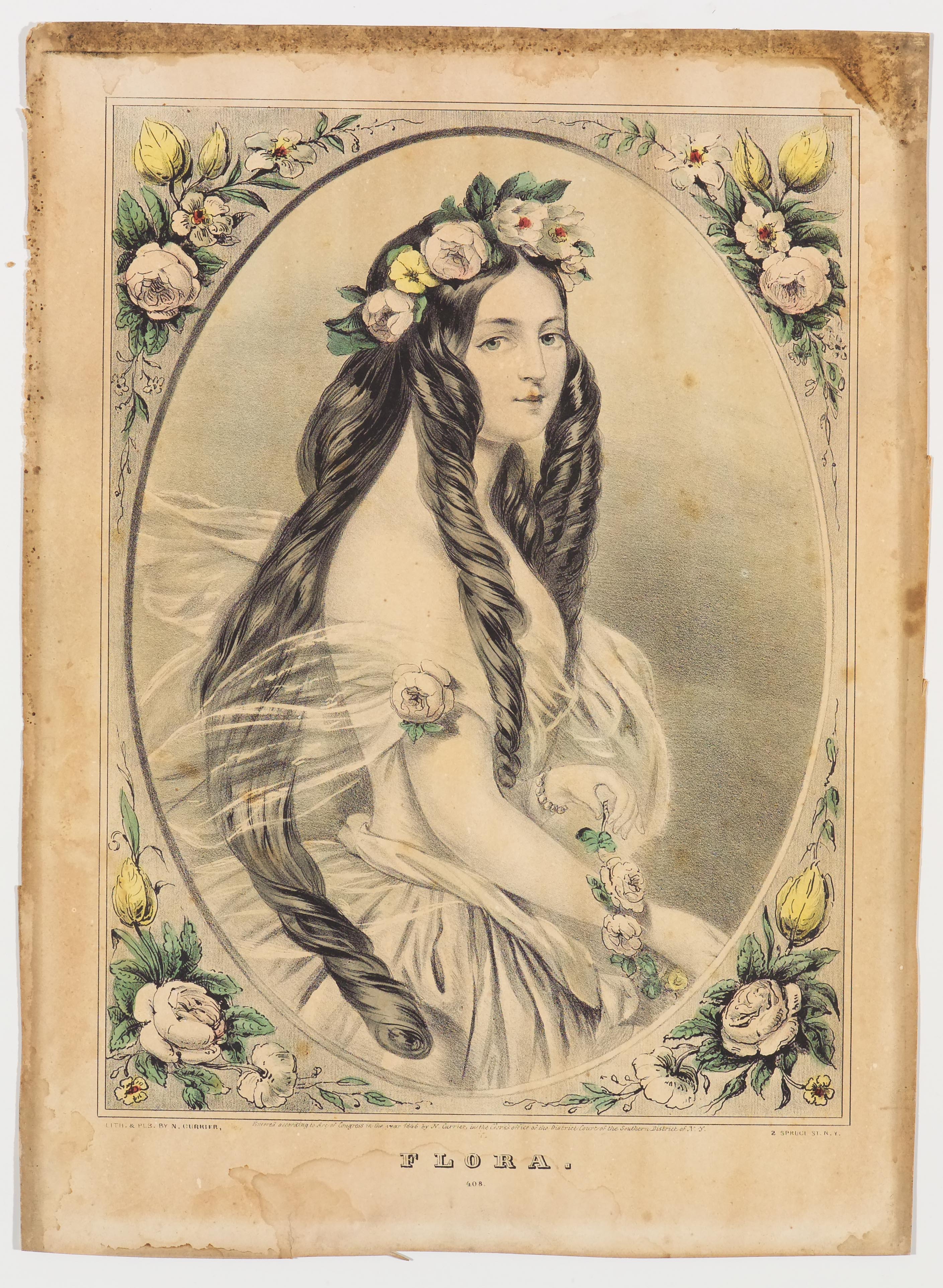 In oval image of woman with hip length hair and crown of flowers facing toward right